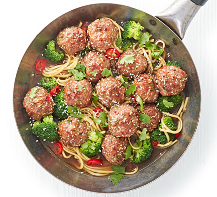 Sesame pork meatballs with chilli noodle broth