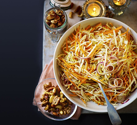 Winter slaw with maple candied nuts