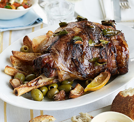 Slow-cooked Greek Easter lamb with lemons, olives & bay