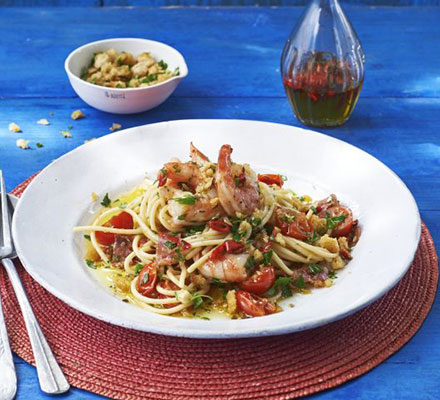 Spaghetti with chilli prawns, salami & gremolata breadcrumbs