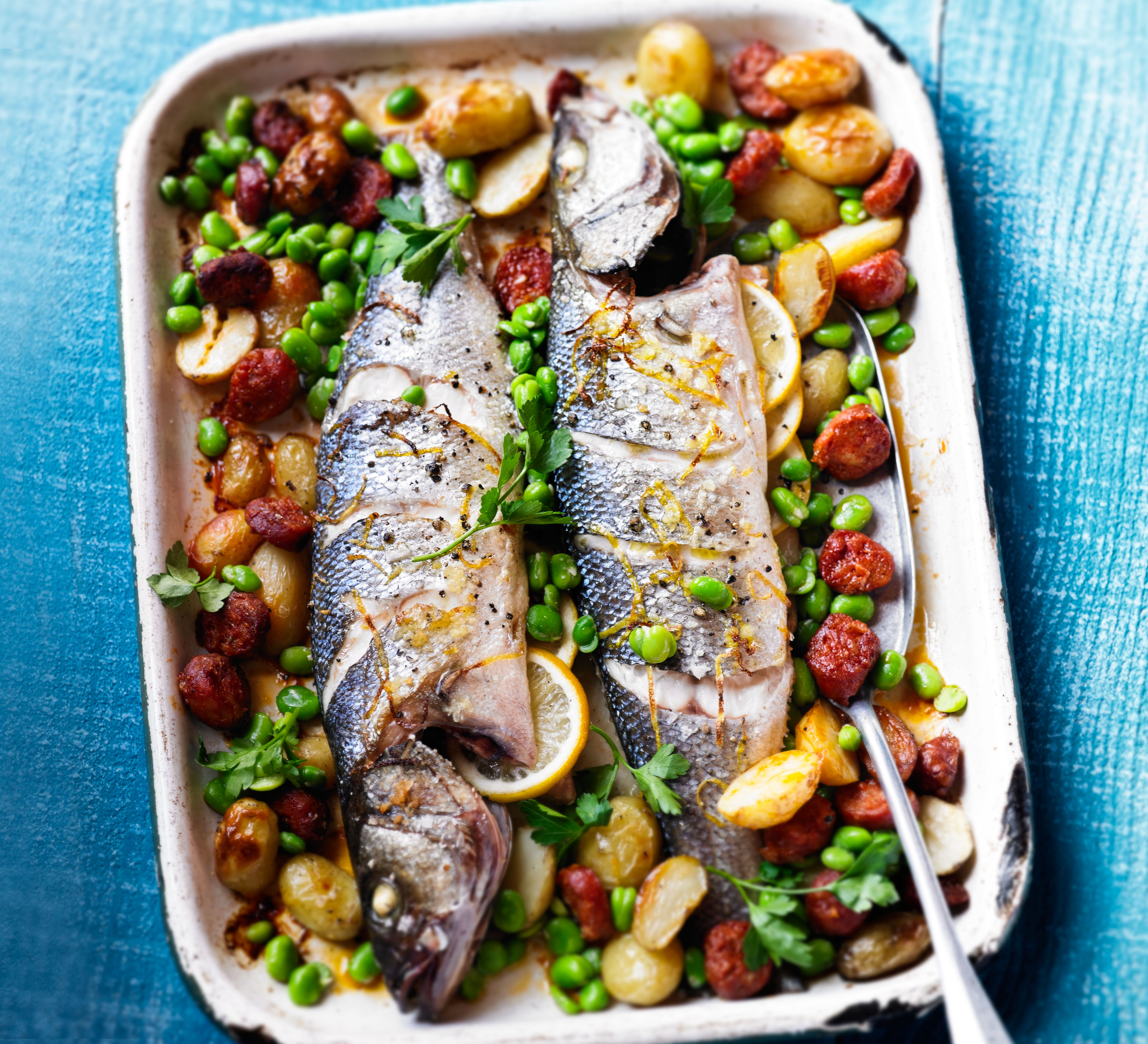 Spanish roast fish with broad beans & chorizo