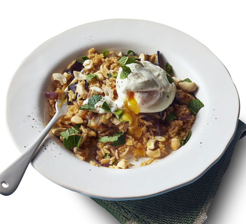 Spiced aubergine pilaf with poached eggs