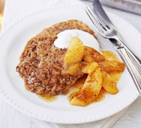 Spiced oatmeal fritters with coconut caramel pears