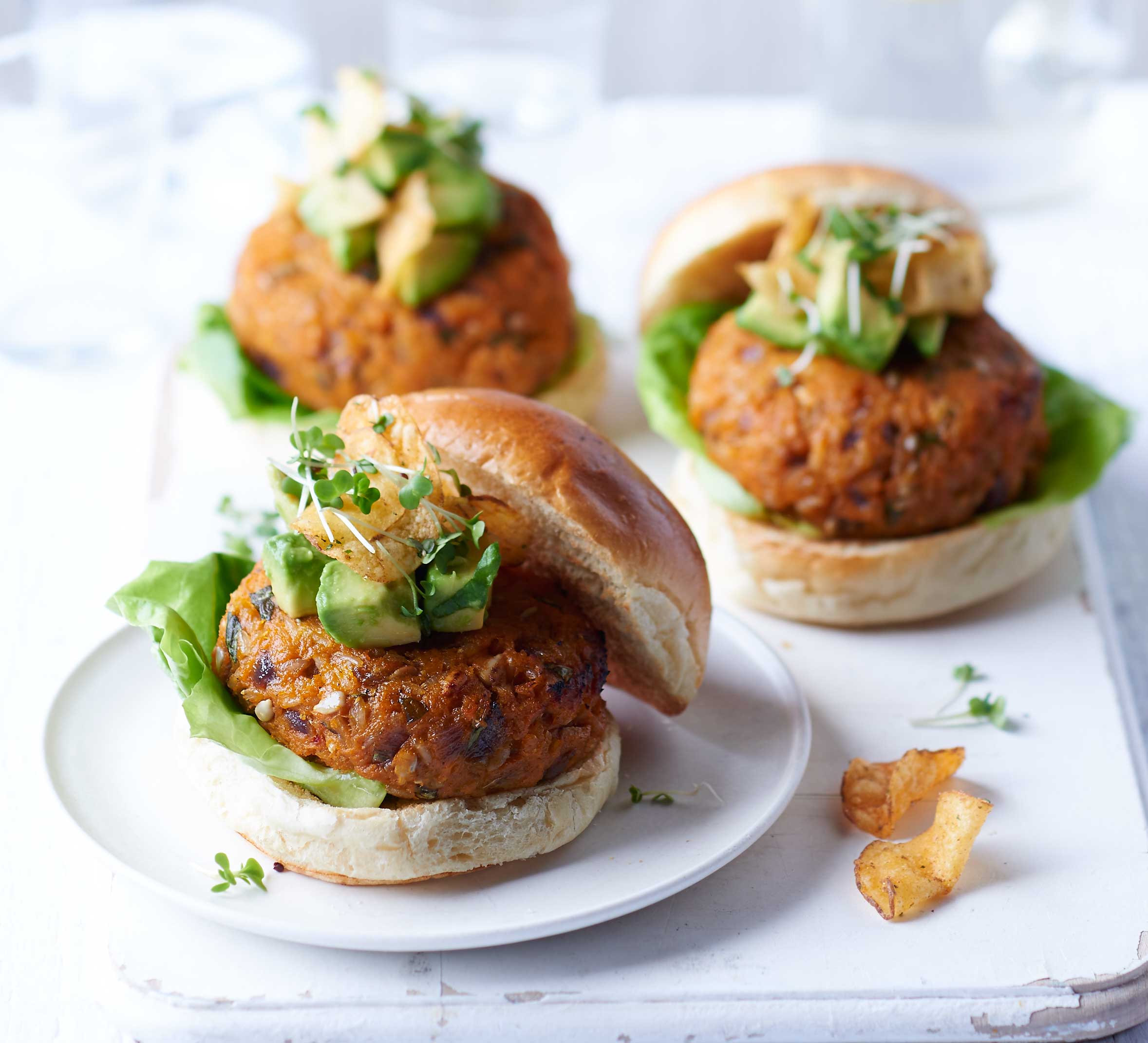 Spiced sweet potato burgers with avocado & basil salsa