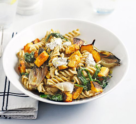 Roasted squash, shallot, spinach & ricotta pasta