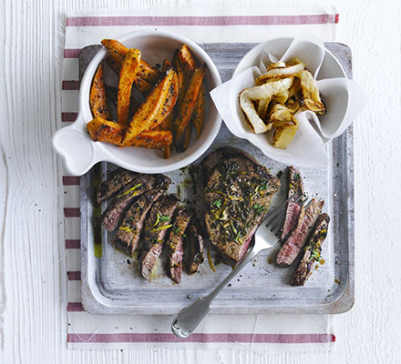 Chimichurri steaks with sweet potato fries & onion rings