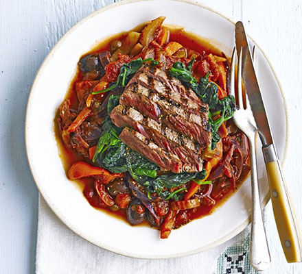 Seared steak with celery & pepper caponata