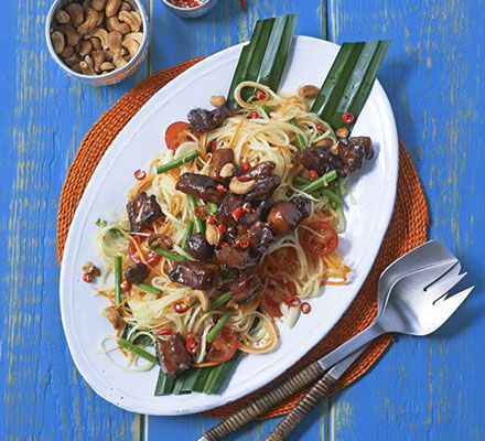 Sticky pork belly with green papaya salad & chilli lime dressing