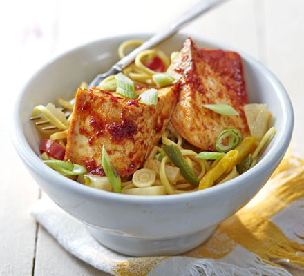 Sweet chilli tofu with pineapple stir-fried noodles