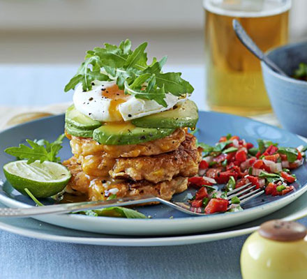 Sweetcorn cakes with poached eggs & salsa