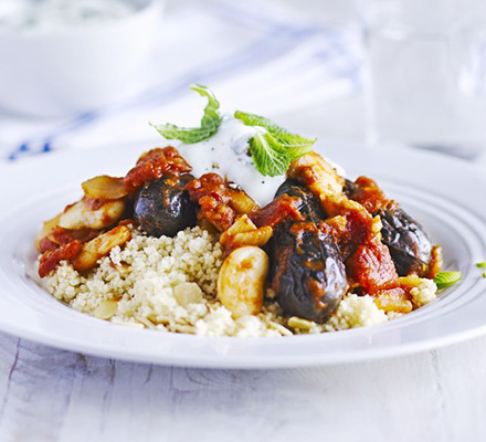 Lemon & mint aubergine tagine with almond couscous