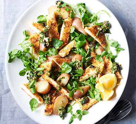 Tofu escalopes with black olive salsa verde