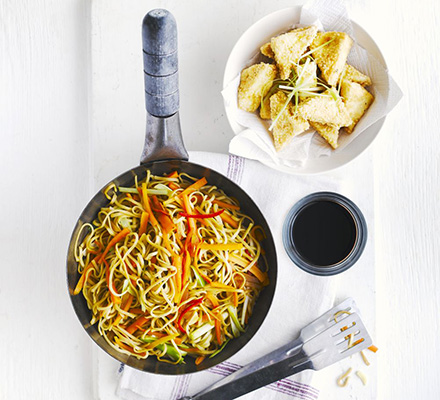 Sesame-crusted tofu with gingery noodles