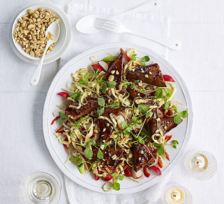 Miso-glazed tofu steaks with beansprout salad & egg strands
