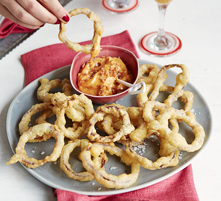 Ultimate onion rings with bacon mayo