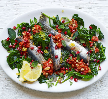 Lemon & marjoram sardines with walnut & pepper dressing