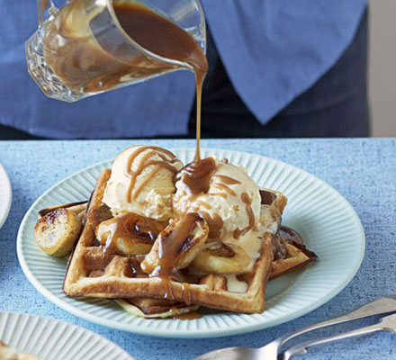 Waffles with banana & salted caramel sauce