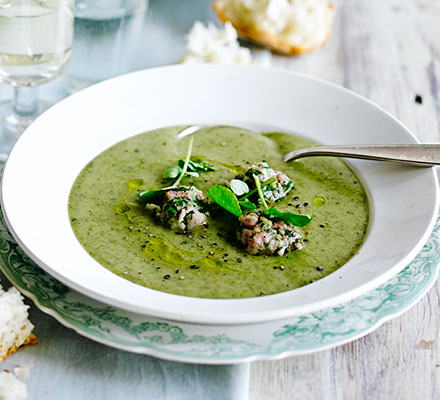 Watercress soup with bacon dumplings