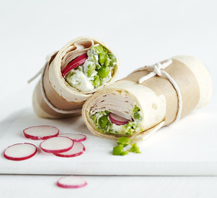 Turkey, pea guacamole & radish wrap