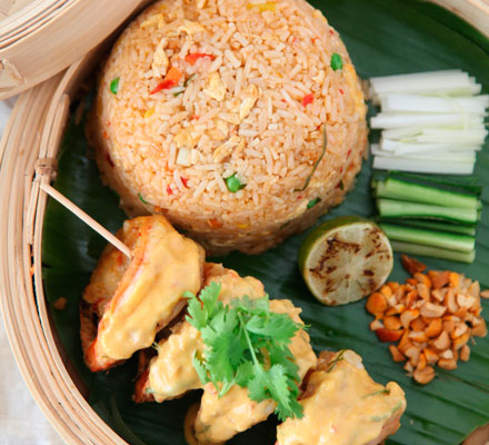 Nasi goreng with coconut prawns