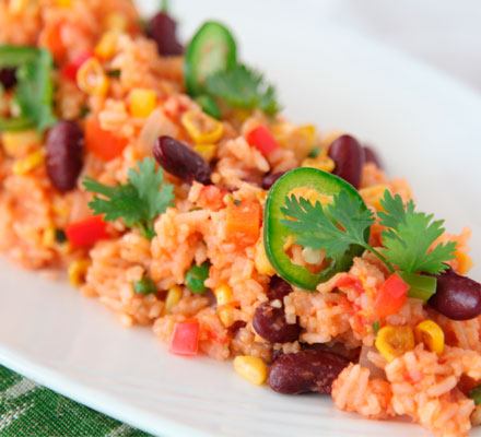 Mexican rice with kidney beans, corn, cilantro and jalapenos