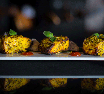 Tandoori mahi tikka (Scottish salmon with rosemary & Dijon mustard)