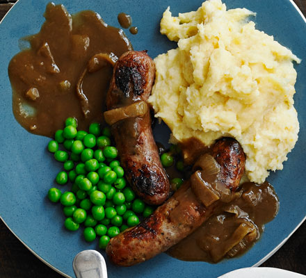 Bangers with Welsh rarebit mash