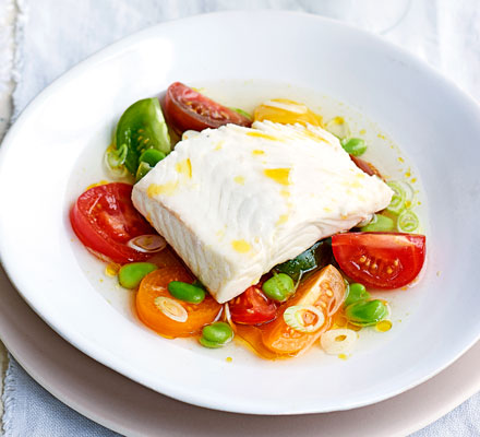Poached halibut with heritage tomatoes