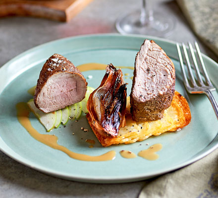 Spiced pork fillet with shallots & apple