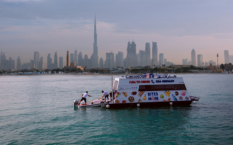 Carrefour has unveiled a floating supermarket to serve Dubai beach-goers