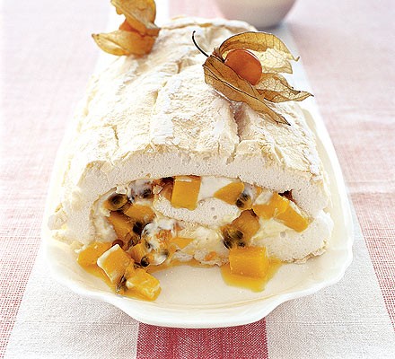 Mango & passion fruit pavlova roulade