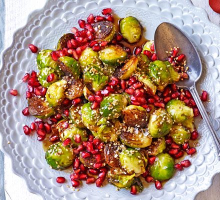 Burnt sprouts with pomegranate & sesame