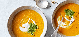 Carrot soup with chilli coriander pesto