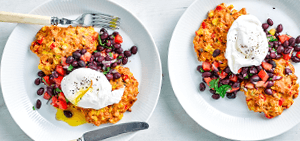 Sweetcorn fritters with eggs & black bean salsa