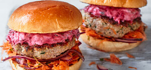 Lamb & quinoa burgers with beetroot tzatziki