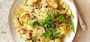 Charred cauliflower, lemon & caper orzo