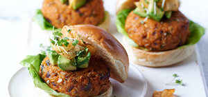 Spiced sweet potato burgers with avocado & basil salsa