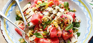 Griddled halloumi with watermelon & caper breadcrumbs
