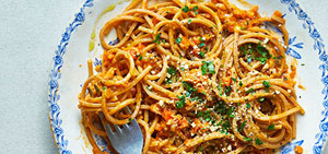 Jackfruit bolognese with vegan parmesan