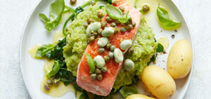 Lemon dressed salmon with leek & broad bean purée