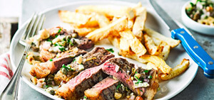 Lemon pepper steaks with hazelnut salsa verde