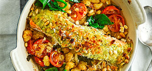 Pesto salmon & bean gratins