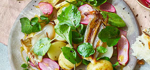Watercress salad with boiled Jersey Royals, roast shallots & pickled radish