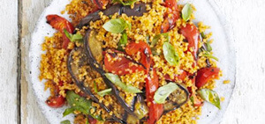 Charred aubergine, pepper & bulgur salad