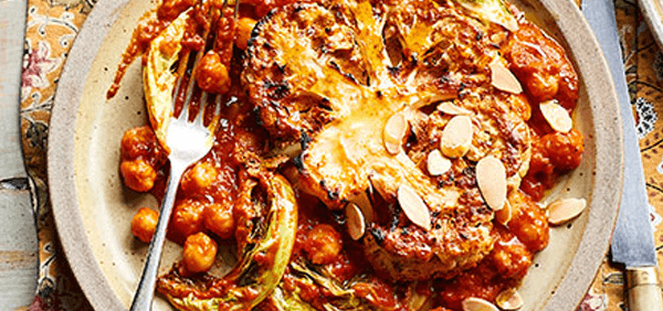 Roasted cauliflower with harissa & chickpea sauce