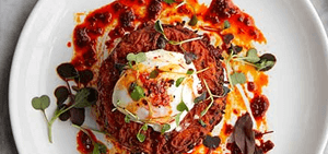 Sweet potato cakes with poached eggs