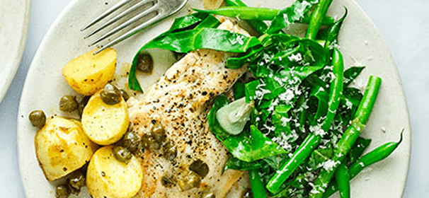 Chicken piccata with garlicky greens & new potatoes