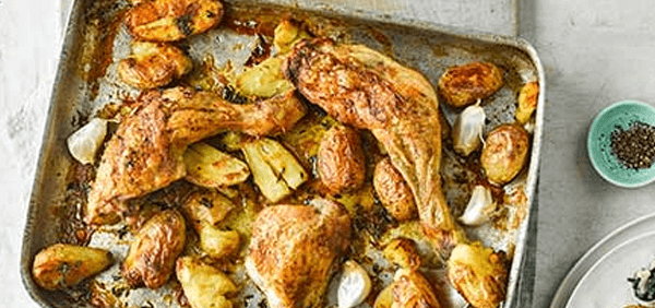 Roast chicken with squashed new potatoes & cheesy creamed spinach 