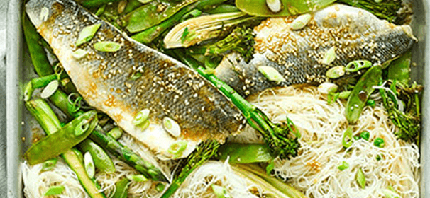 Sticky soy sea bass & greens traybake