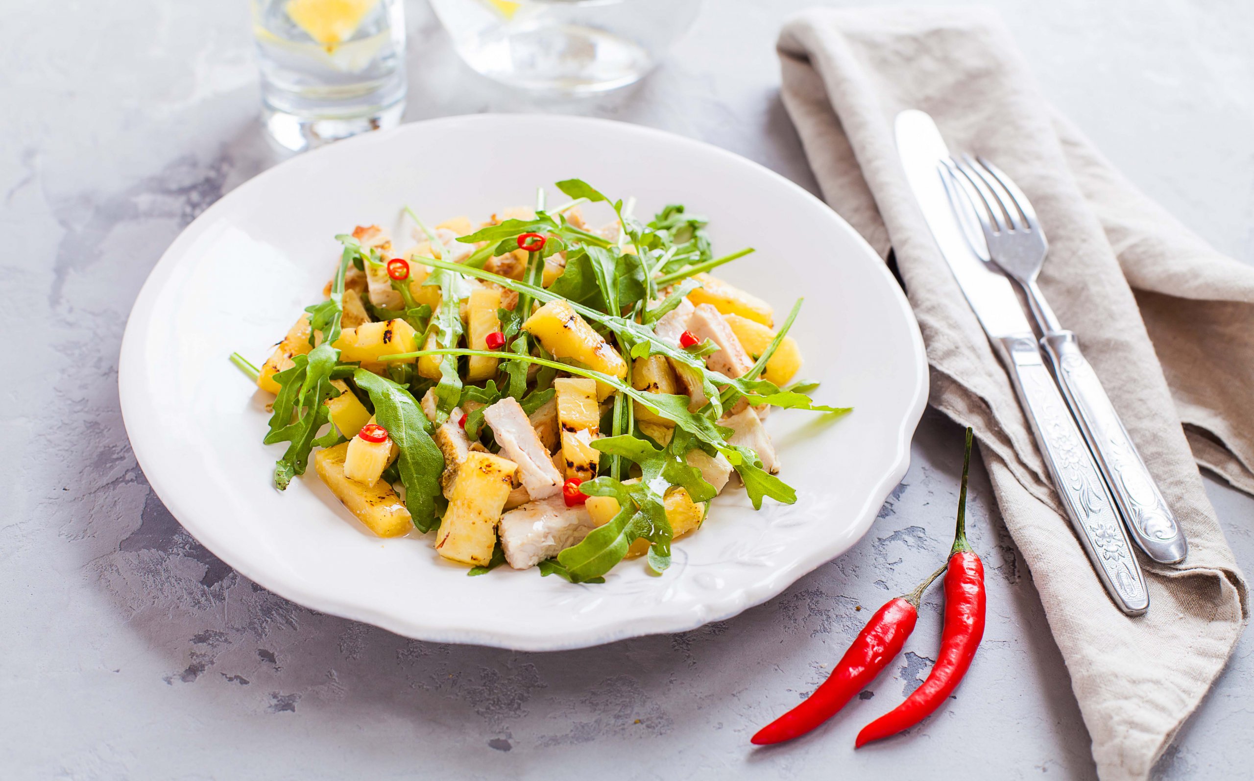 Griddled pineapple & chicken salad with nam jim dressing